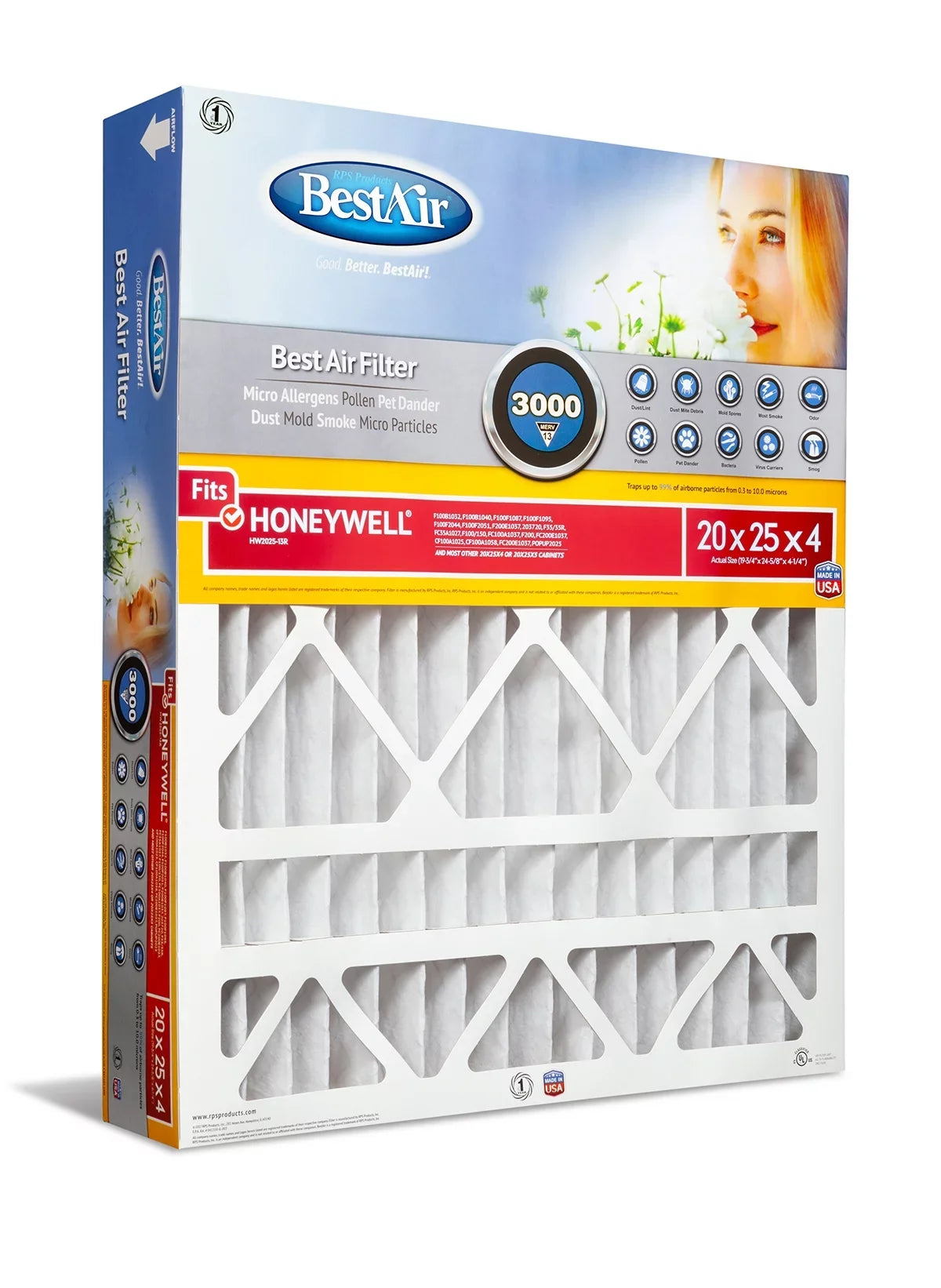 BestAir HW2025-13R Honeywell 20x25x4 Series 3000 MERV 13 Furnace Filter