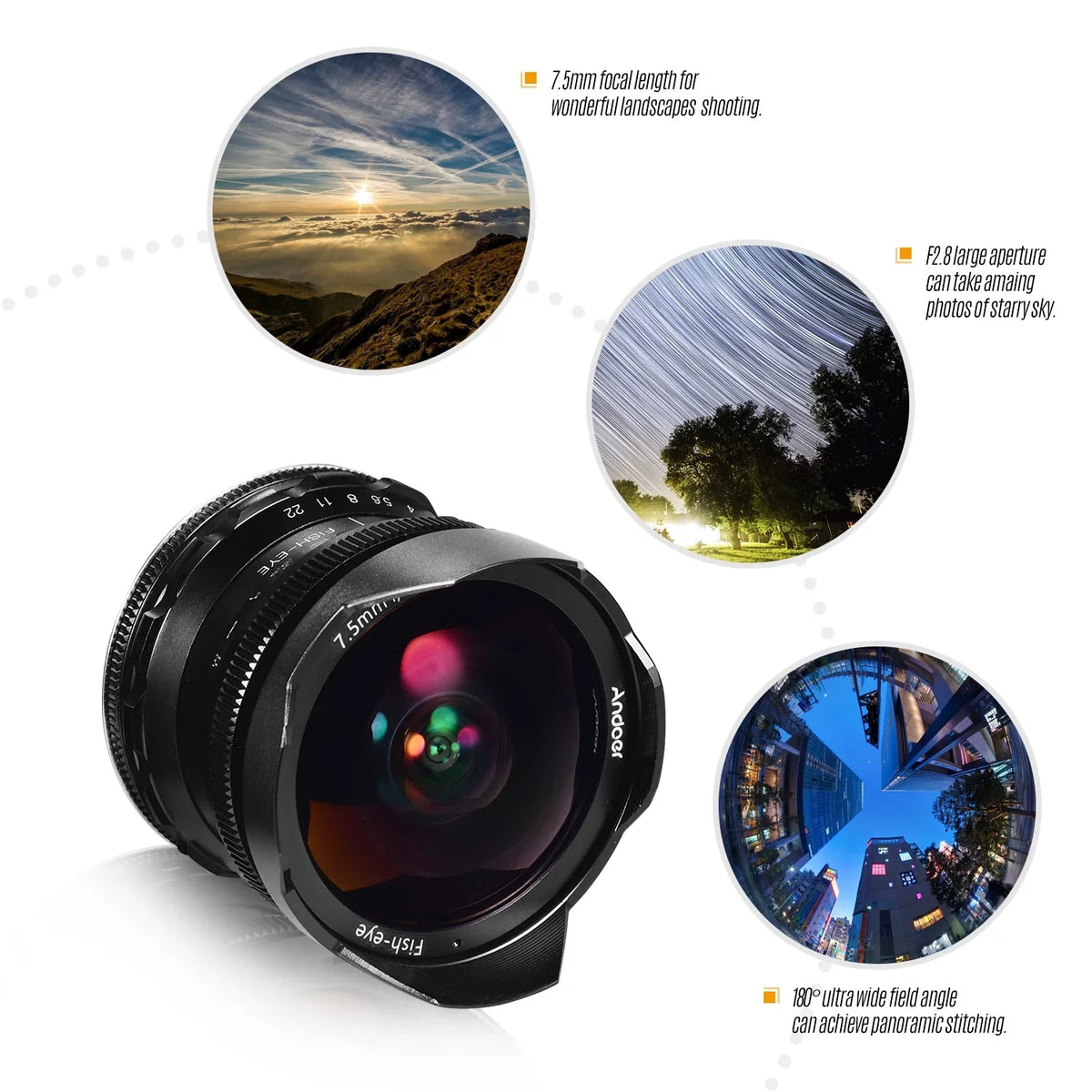 Andoer Andoer 7.5mm F2.8 Manual Focus Fisheye Lens 180° Ultra Wide Angle Large Aperture E-Mount Lens suitable with APS-C Frame Camera A6600 A6100 A6400 A6500 A6300 A6000 5100 A77II