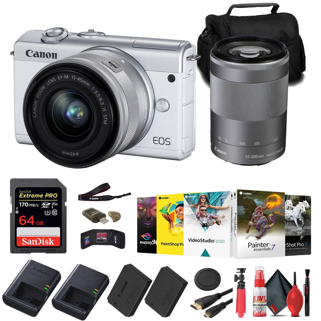 EOS M200 Mirrorless Camera with 15-45mm and 55-200mm Lenses (White) (3700C009) + 64GB Card + Charger + LPE12 Battery + Card Reader + Corel Photo Software + HDMI Cable + Case + More