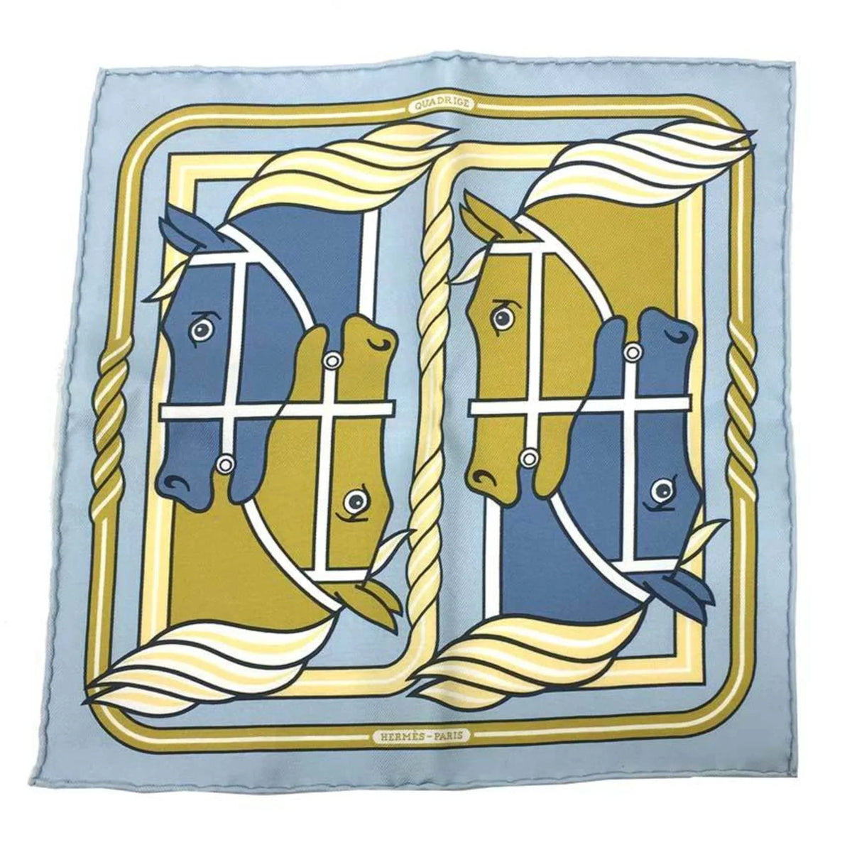 Pre-Owned HERMES CARRE NANO Quadrige Horse 331061S Karenna Kare 20 Nano Scarf Muffler Blue Ciel/Gold/Blue Jean 100% Silk Hermes (Like New)