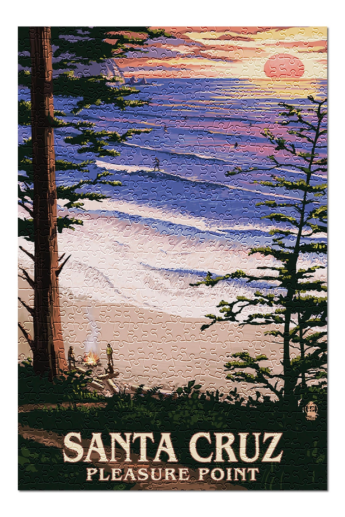 Santa Cruz, California, Pleasure Point Sunset and Surfers (19x27 inches, Premium 500 Piece Jigsaw Puzzle for Adults and Family, Made in USA)