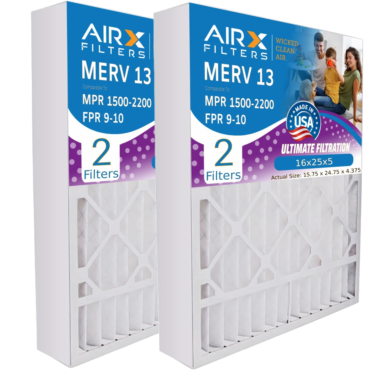 16x25x5 Air Filter MERV 13 Comparable to MPR 1500 - 2200 & FPR 9 suitable with Bryant Carrier FILXXCAR0016 Premium USA Made 16x25x5 Furnace Filter 2 Pack by AIRX FILTERS WICKED CLEAN AIR.