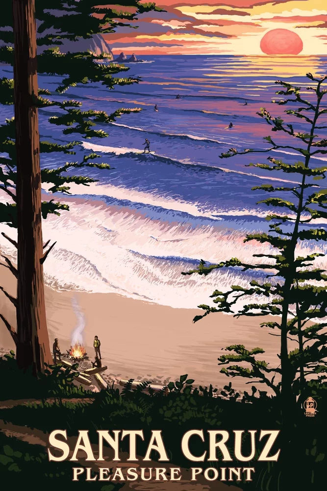 Santa Cruz, California, Pleasure Point Sunset and Surfers (19x27 inches, Premium 500 Piece Jigsaw Puzzle for Adults and Family, Made in USA)