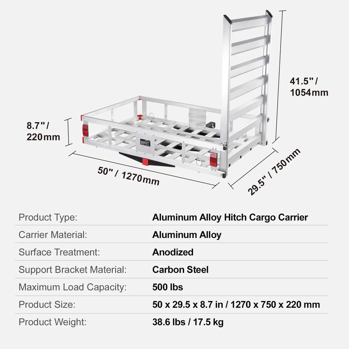 SKYSHALO Hitch Mount Cargo Carrier 47x28x6 in 500lb and Folding Ramp Fits 2" Receiver