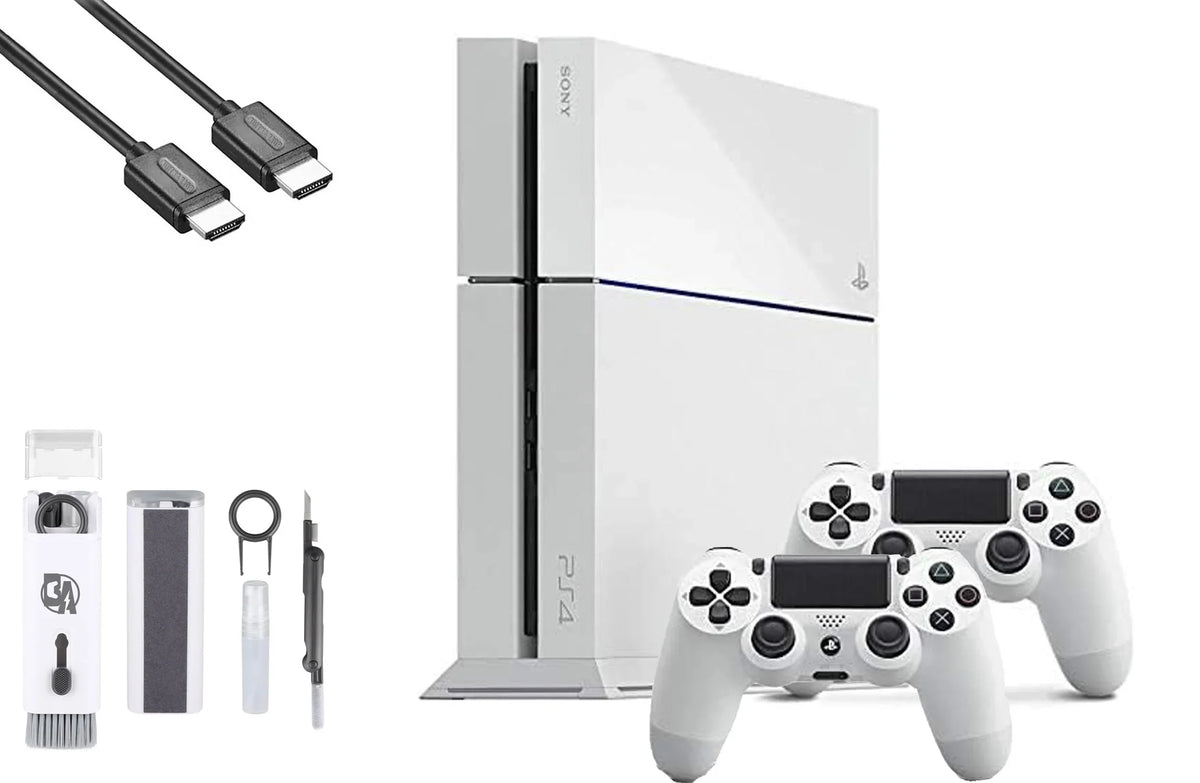 PlayStation 4 500GB Gaming Console White HDMI Cable 2 Controller with BOLT AXTION Cleaning Kit Bundle Like New