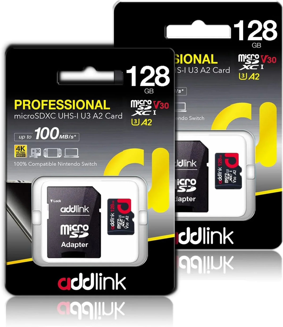 addlink roSDXC 128GB 2-Pack + Adapter UHS-1 U4 V30, matching for Android Smartphones, Camera, Dash Cam Tablets, Go