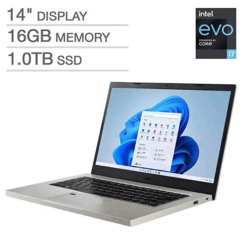 Aspire Vero 14" FHD LED-Backlit Laptop,  Core i7-1255U EVO 1.70GHz, 16GB RAM 1TB SSD, Windows 11 Home, Backlit Keyboard, Bluetooth, Finger Print Reader, 1080p Webcam, Gray + Accessories