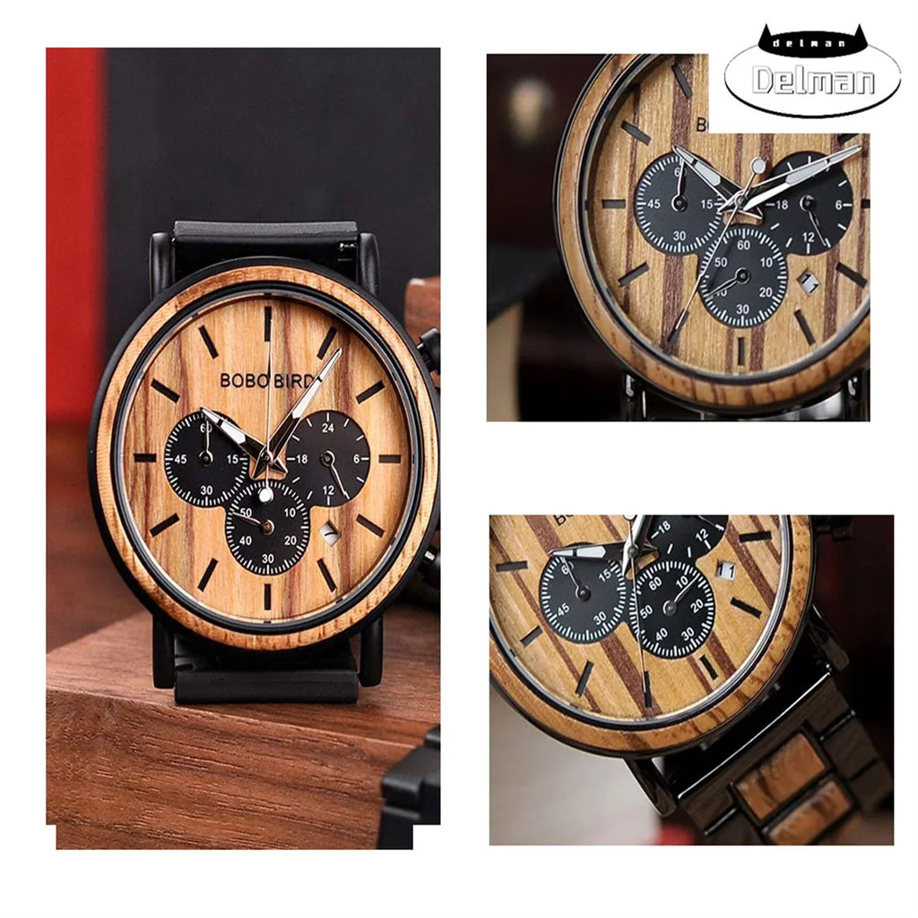 Mens Personalized Engraved Wooden Watches, Stylish Wood & Stainless Steel Combined Quartz Casual Wristwatches for Men Family Friends Customized Watch