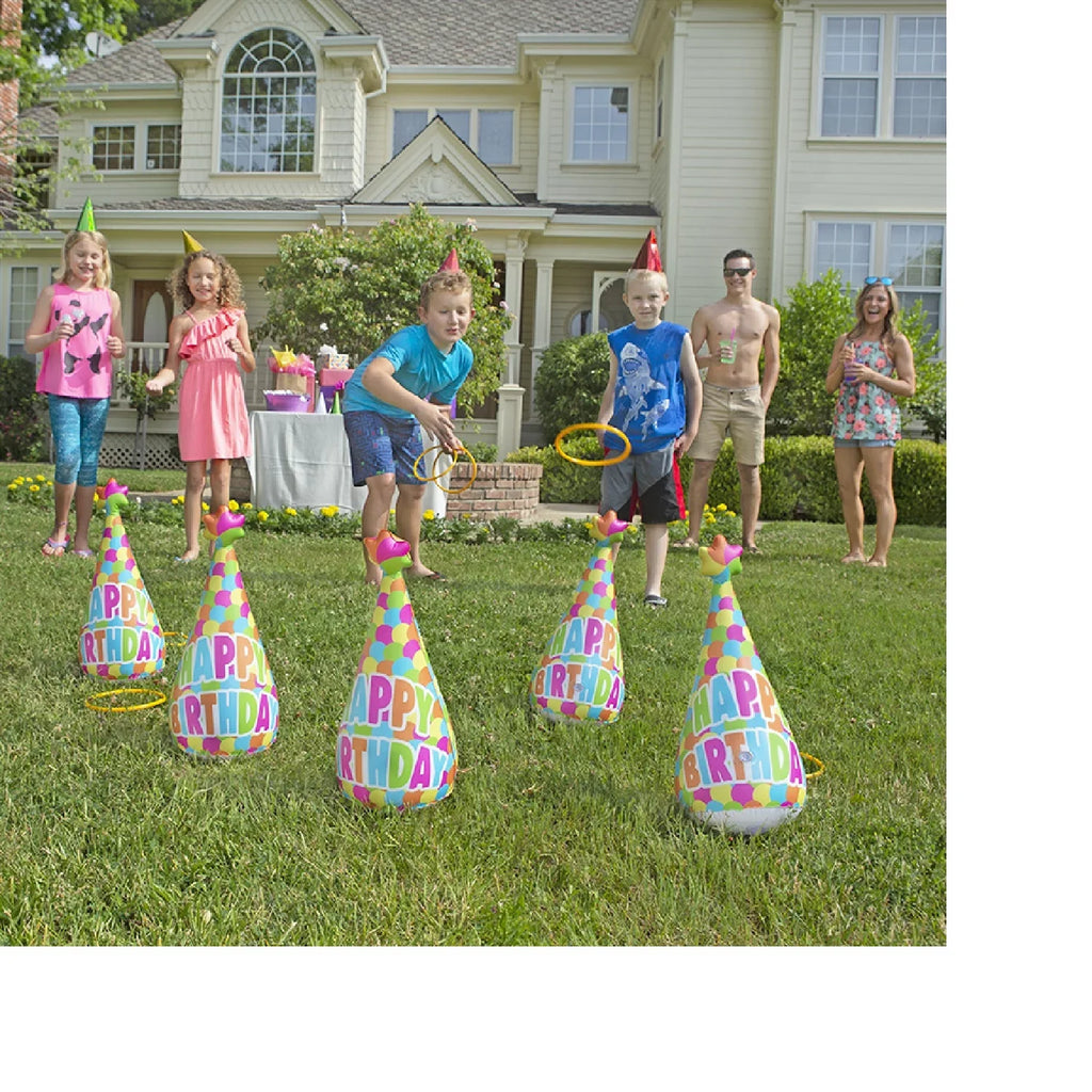 Pool Master 17" Inflatable "Happy Birthday" Party Hat Ring Toss Swimming Pool Game 6pc - Yellow/Blue