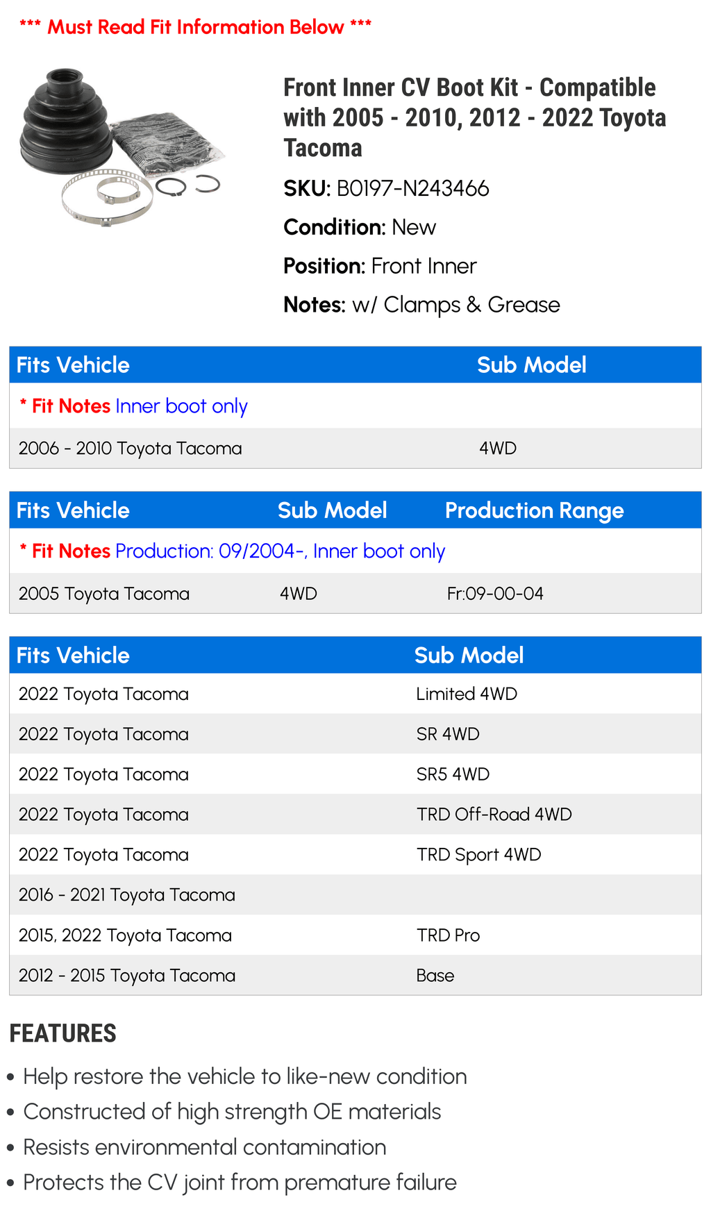 Front Inner CV Boot Kit - matching with 2005 - 2010, 2012 - 2022  Tacoma 2006 2007 2008 2009 2013 2014 2015 2016 2017 2018 2019 2020 2021