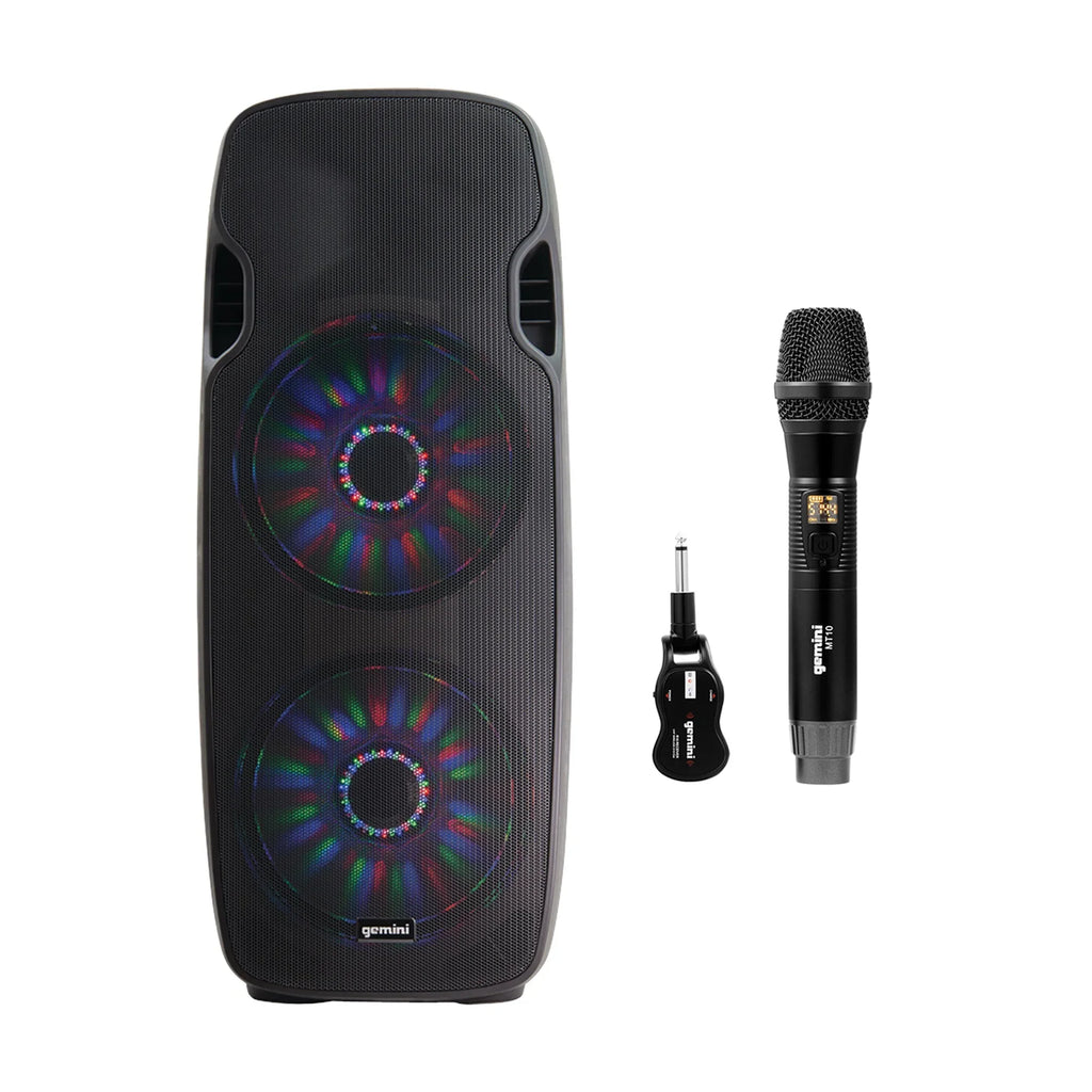 Gemini Dual 15" LED Bluetooth Powered Speaker & GMU-M100 UHF Single Wireless Microphone System, 843631170892