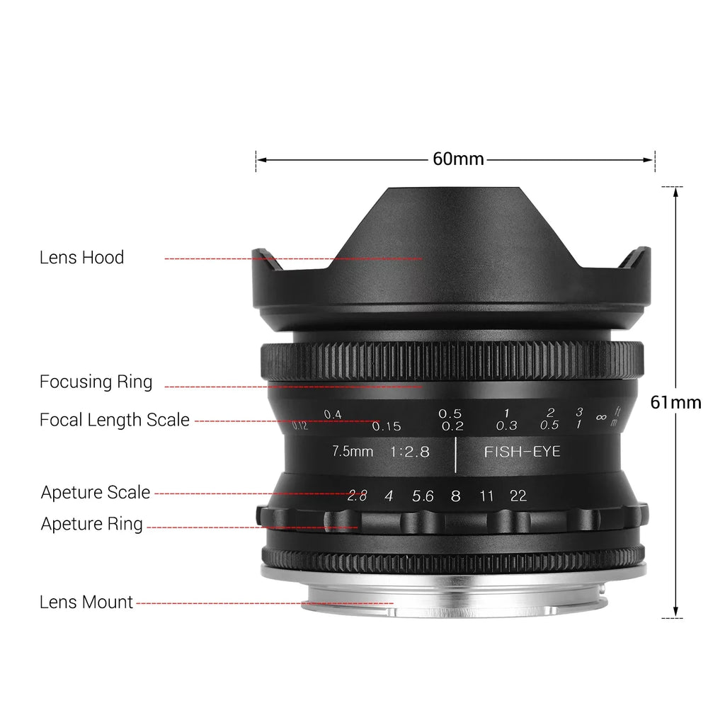 Andoer Andoer 7.5mm F2.8 Manual Focus Fisheye Lens 180° Ultra Wide Angle Large Aperture E-Mount Lens suitable with APS-C Frame Camera A6600 A6100 A6400 A6500 A6300 A6000 5100 A77II