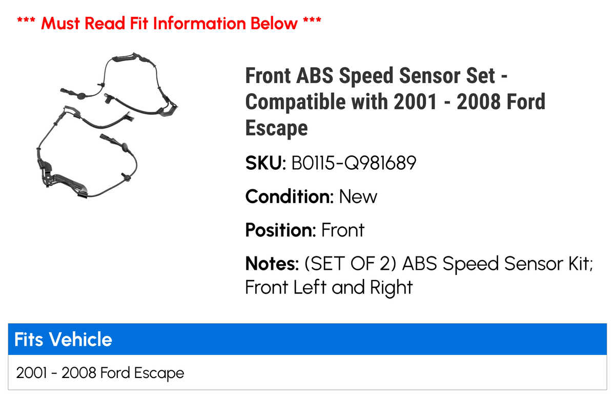 Front ABS Speed Sensor Set - appropriate with 2001 - 2008  Escape 2002 2003 2004 2005 2006 2007