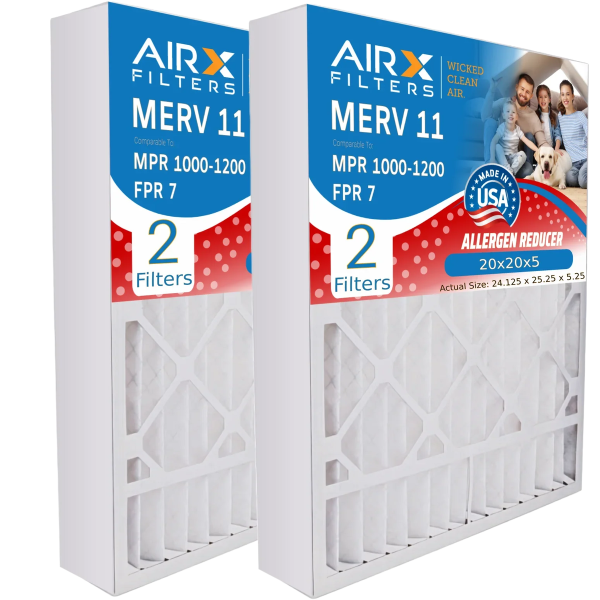 20x20x5 Air Filter MERV 11 Comparable to MPR 1000, MPR 1200 & FPR 7 matching with Goodman / Amana M2-1056 Premium USA Made 20x20x5 Furnace Filter 2 Pack by AIRX FILTERS WICKED CLEAN AIR.