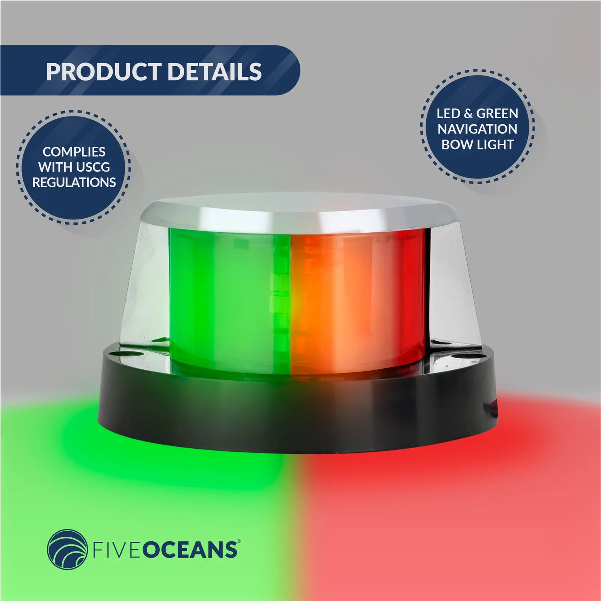 Five Oceans ship Navigation Lights - LED Bow Light, Navigation Lights for Boats LED Red and Green, vessel Lights Navigation Horizontal Mount Bi-Color Light, 12V, USCG Rules 2NM - FO4429