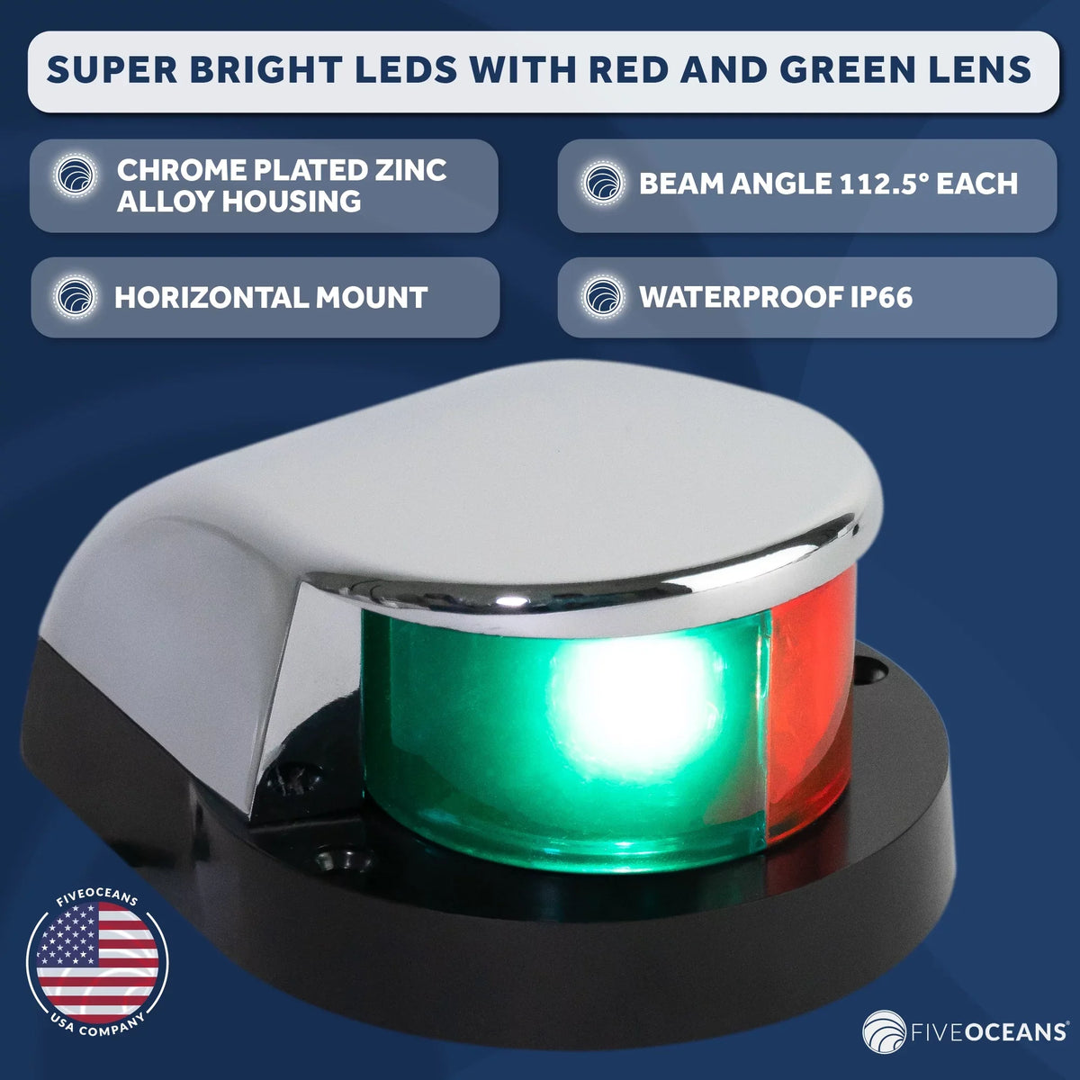 Five Oceans ship Navigation Lights - LED Bow Light, Navigation Lights for Boats LED Red and Green, vessel Lights Navigation Horizontal Mount Bi-Color Light, 12V, USCG Rules 2NM - FO4429