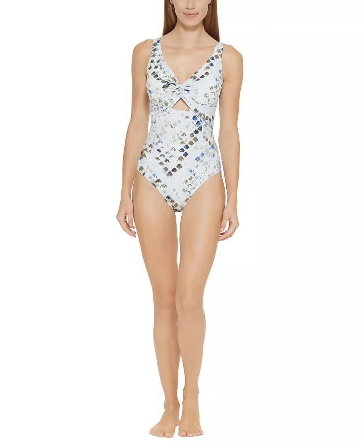 DKNY SPLASH MULTI Twist-Front Cutout One-Piece Swimsuit , US 8