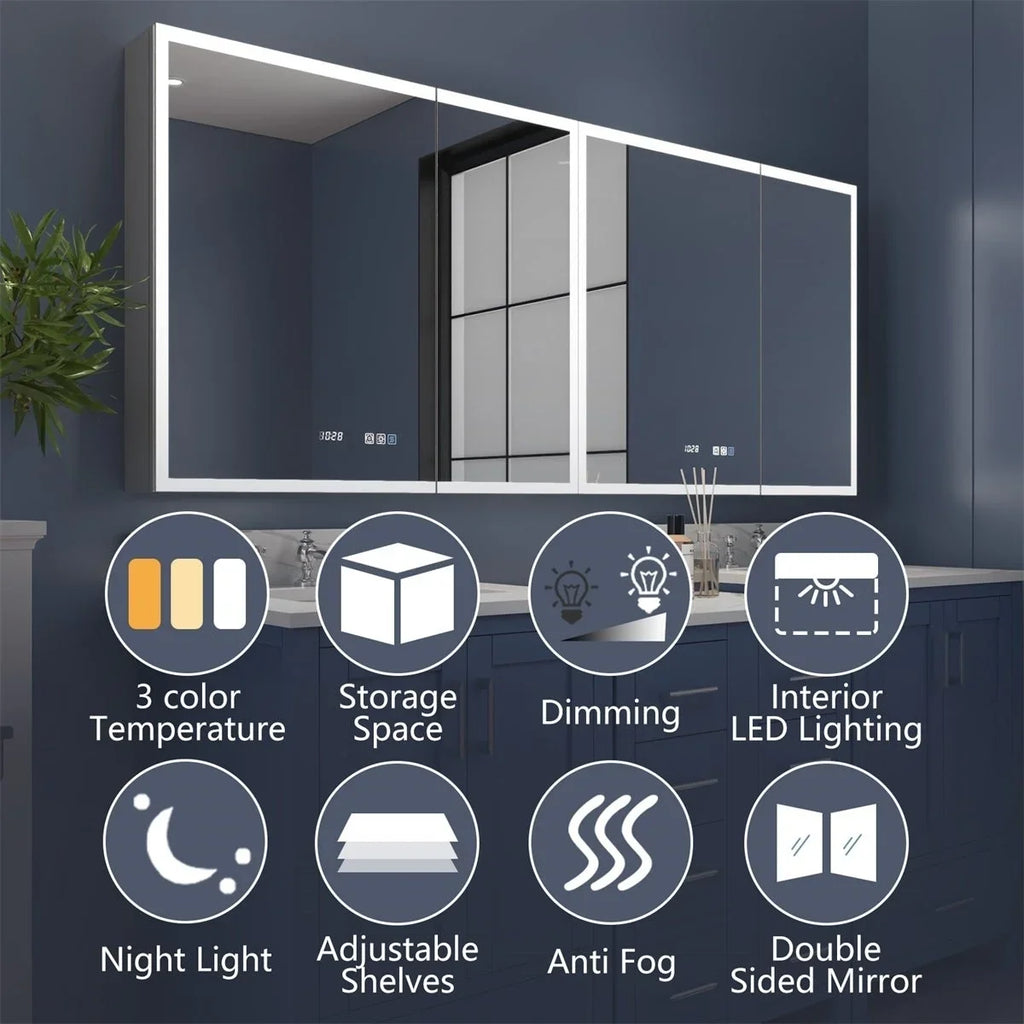 Rim 72" W x 32" H Lighted Medicine Cabinet Recessed or Surface led Medicine Cabinet with Outlets and USBs