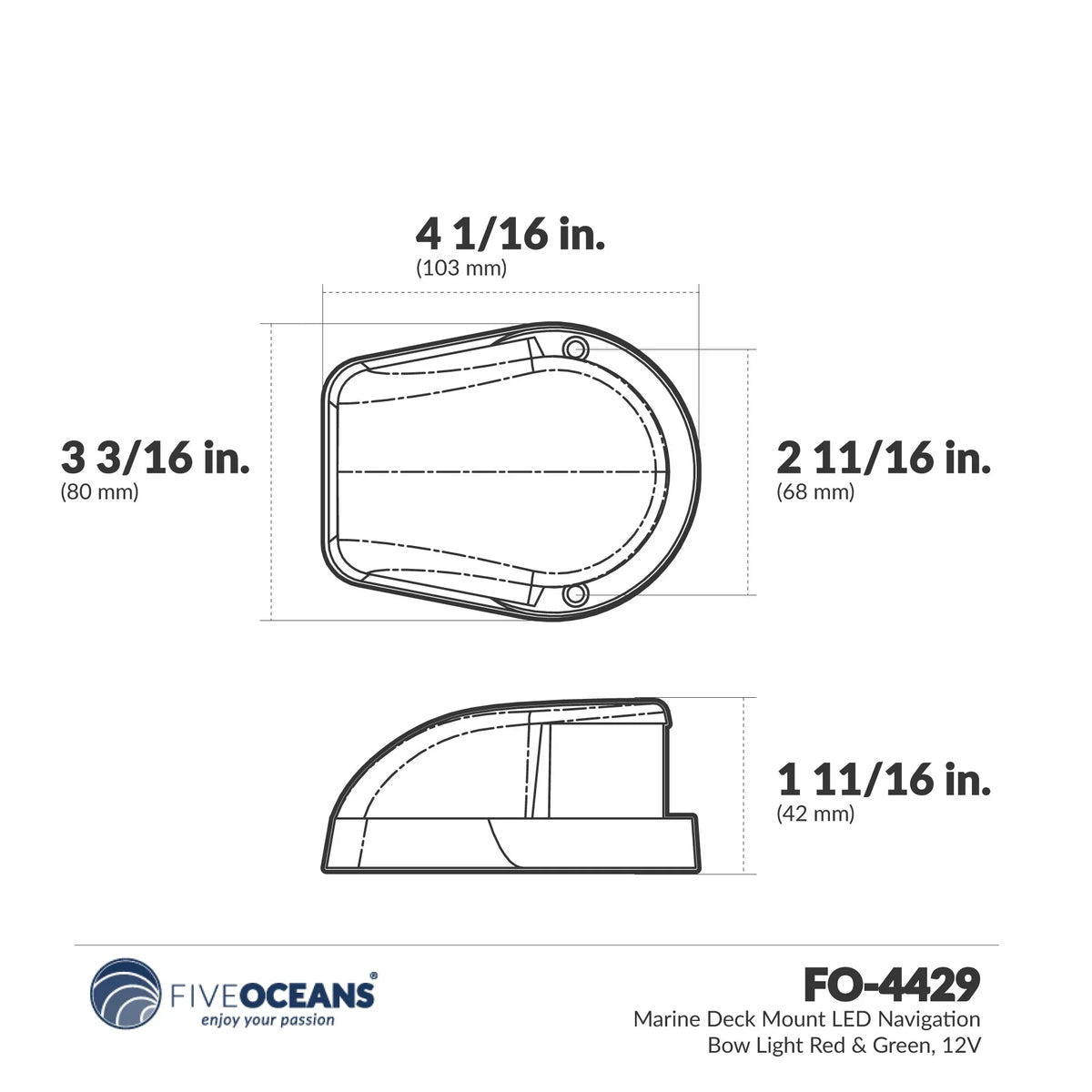 Five Oceans ship Navigation Lights - LED Bow Light, Navigation Lights for Boats LED Red and Green, vessel Lights Navigation Horizontal Mount Bi-Color Light, 12V, USCG Rules 2NM - FO4429