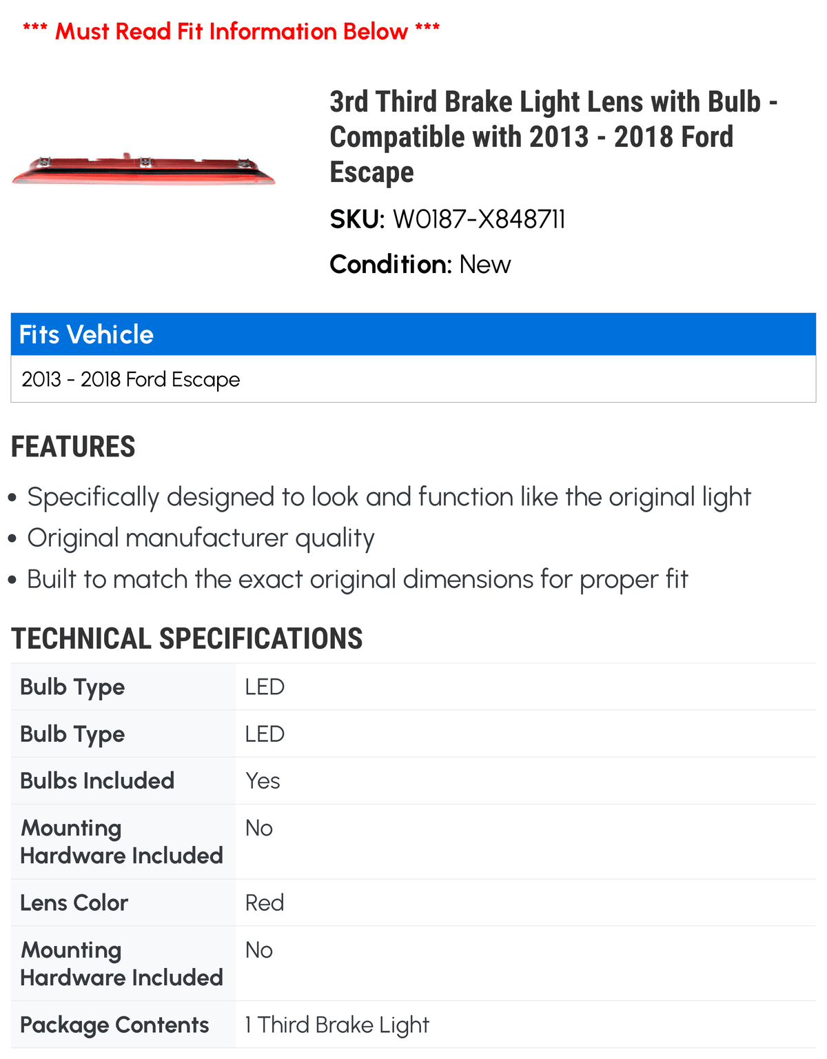 3rd Third Brake Light Lens with Bulb - matching with 2013 - 2018  Escape 2014 2015 2016 2017