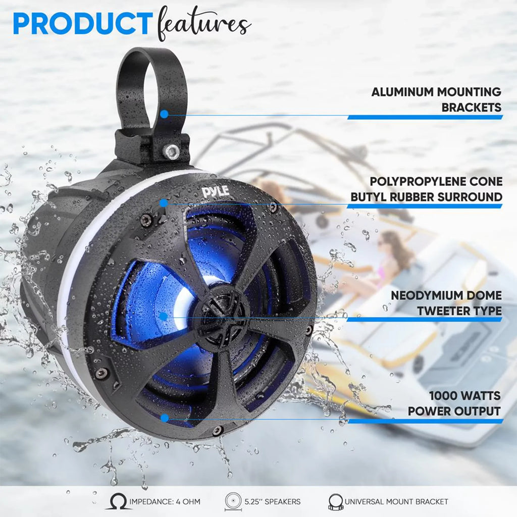 Pyle 5.25 In 1,000 Watt 2 Channel Waterproof Off Road vessel and ATV Speakers