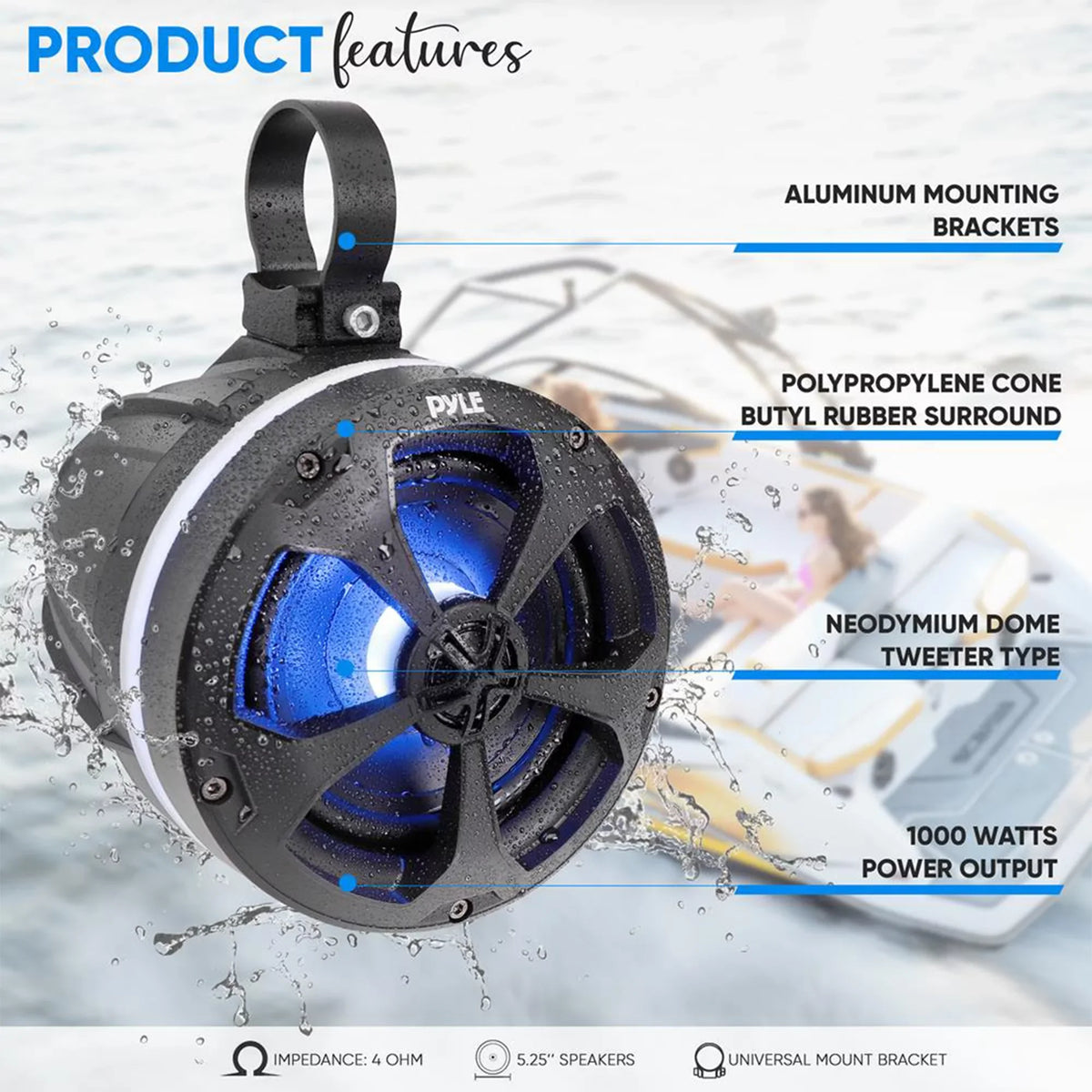 Pyle 5.25 In 1,000 Watt 2 Channel Waterproof Off Road vessel and ATV Speakers