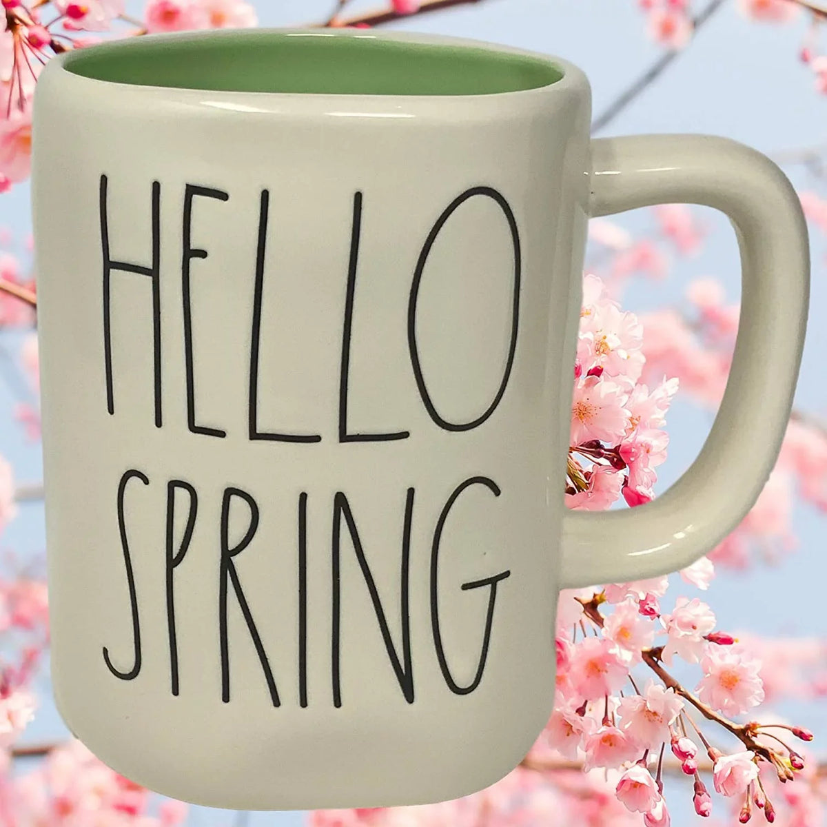 Rae Dunn"Hello Spring" Coffee Mug - Artisan Collection, By Magenta - Beautiful Ceramic/Pottery Rae Dunn Coffee Mug With"Hello Spring" Spelled In Large LL Font - Spring Green Color Inside
