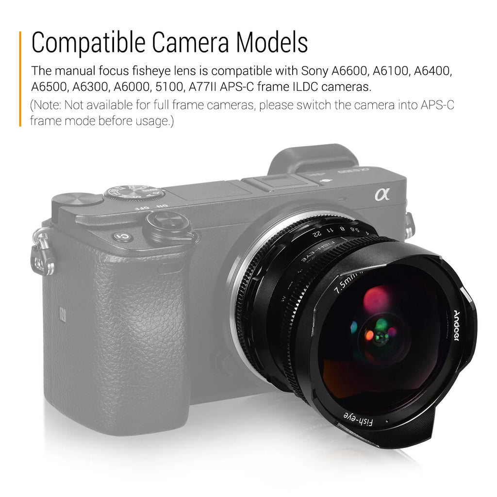 Andoer Andoer 7.5mm F2.8 Manual Focus Fisheye Lens 180° Ultra Wide Angle Large Aperture E-Mount Lens suitable with APS-C Frame Camera A6600 A6100 A6400 A6500 A6300 A6000 5100 A77II