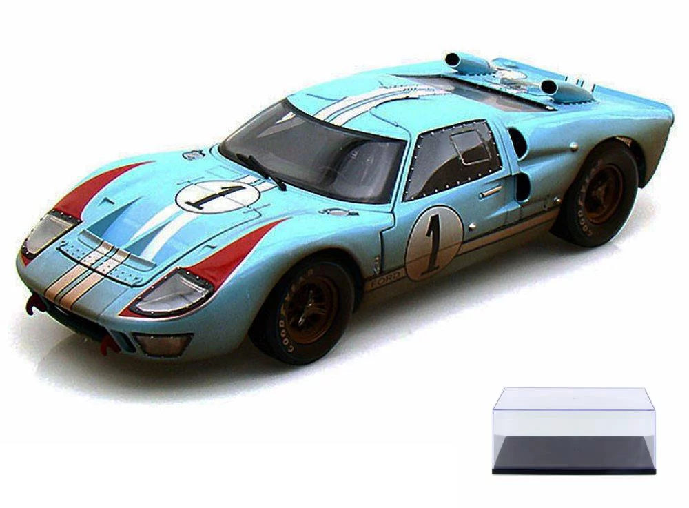 Diecast Car & Display Case Package - 1966  GT-40 MK II #1 w/ Dirt, Gulf Blue - Shelby Collectibles SC405 - 1/18 Scale Diecast Model Toy Car w/Display Case
