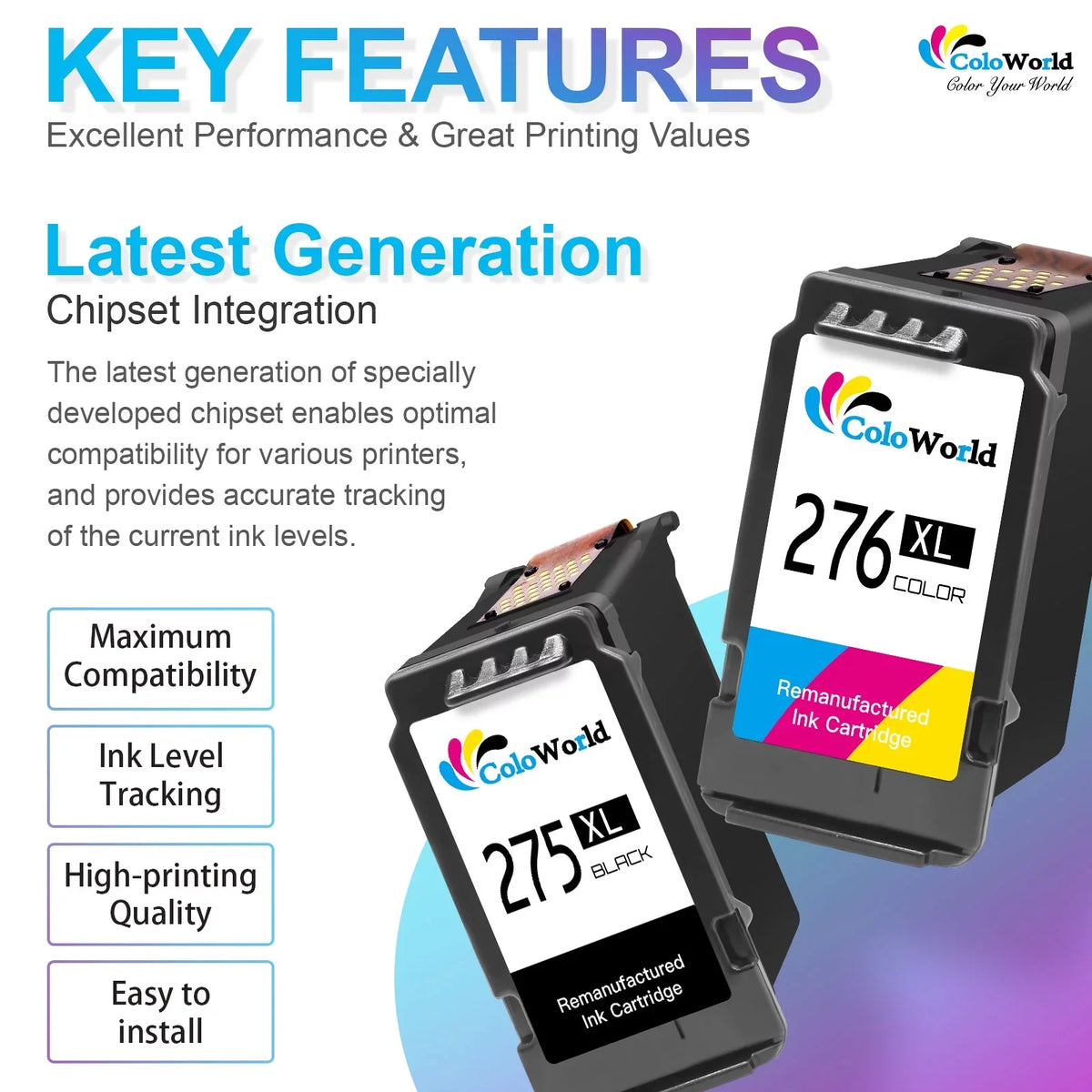 PG-275XL CL-276XL Ink Cartridge for  275 276  for  275XL 276XL Ink Fir for  Pixma TS3500 TS3520 TS3522 TR4700 TR4720 TR4722 (1 Black, 1 Tri-Color)