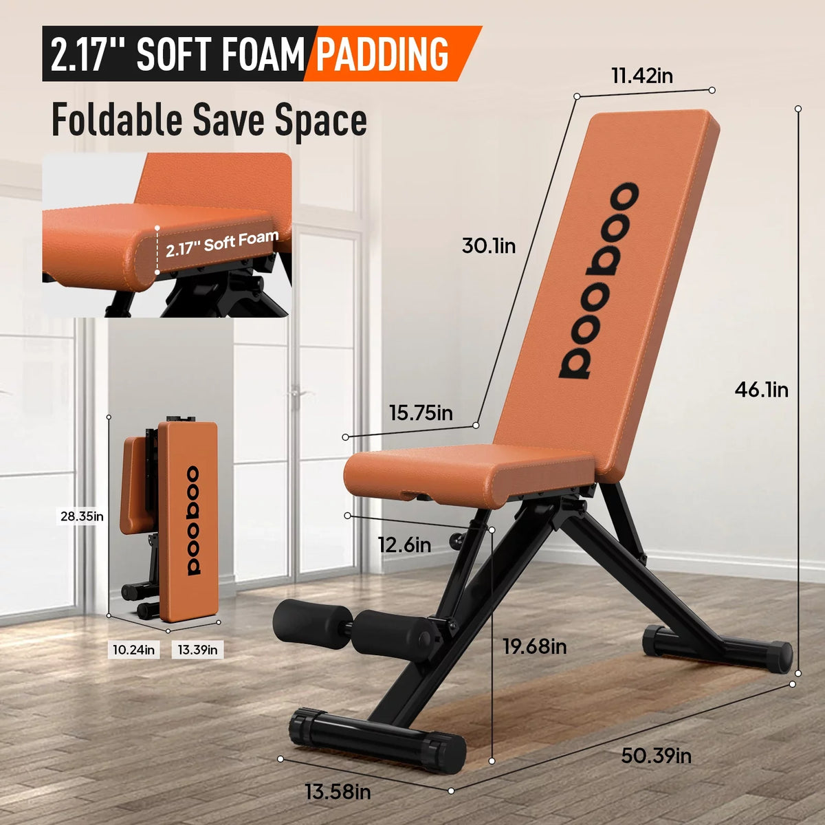POOBOO Weight Bench Workout Indoor Folding incline bench Incline Adjustable and Thickened 5 Layer Structure gym bench for Home Training 800 lbs Capacity