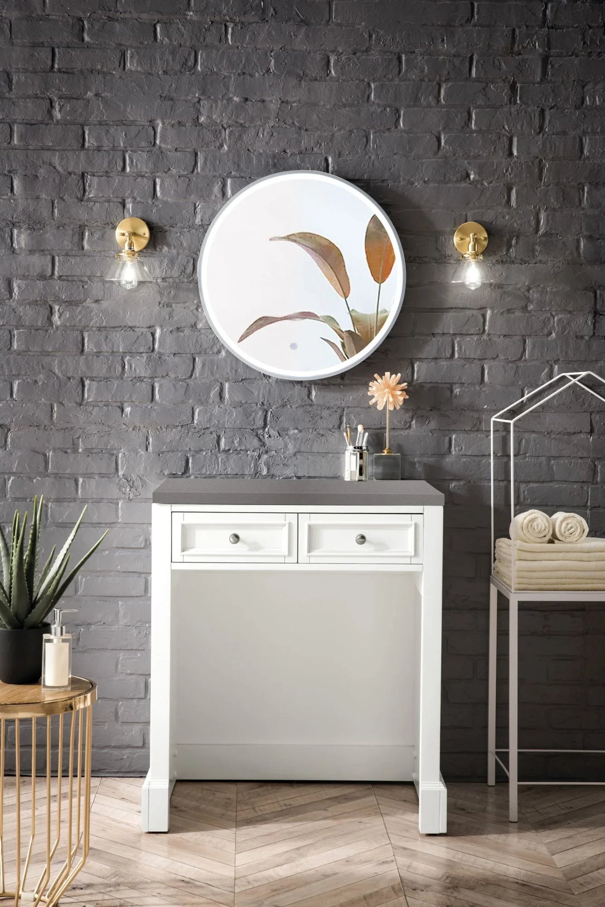De Soto Makeup Countertop Unit with 3 CM Grey Expo Quartz Top, Bright White. James Martin Furniture  30 in