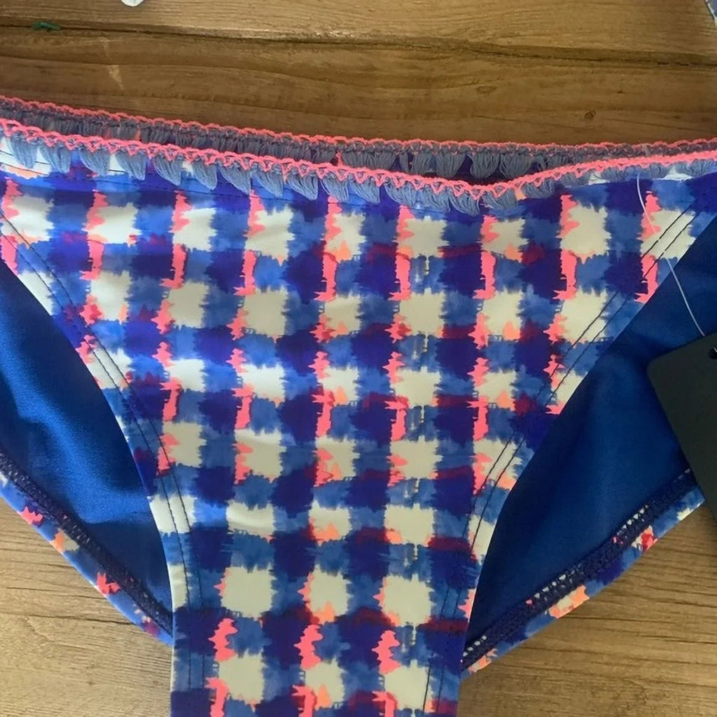 Rachel Roy BLUE CHECKERED Triangle Side Tie Bikini Swim Bottom, US Small