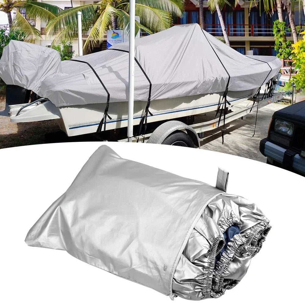 vessel wrap Yacht  Protection Waterproof Heavy Duty Silver Reflective 300D Oxford Fabric Anti-smashing Durable and Tear Proof Fits V-HULL TRI-HULL Runabouts and Bass Boats 11-13FT