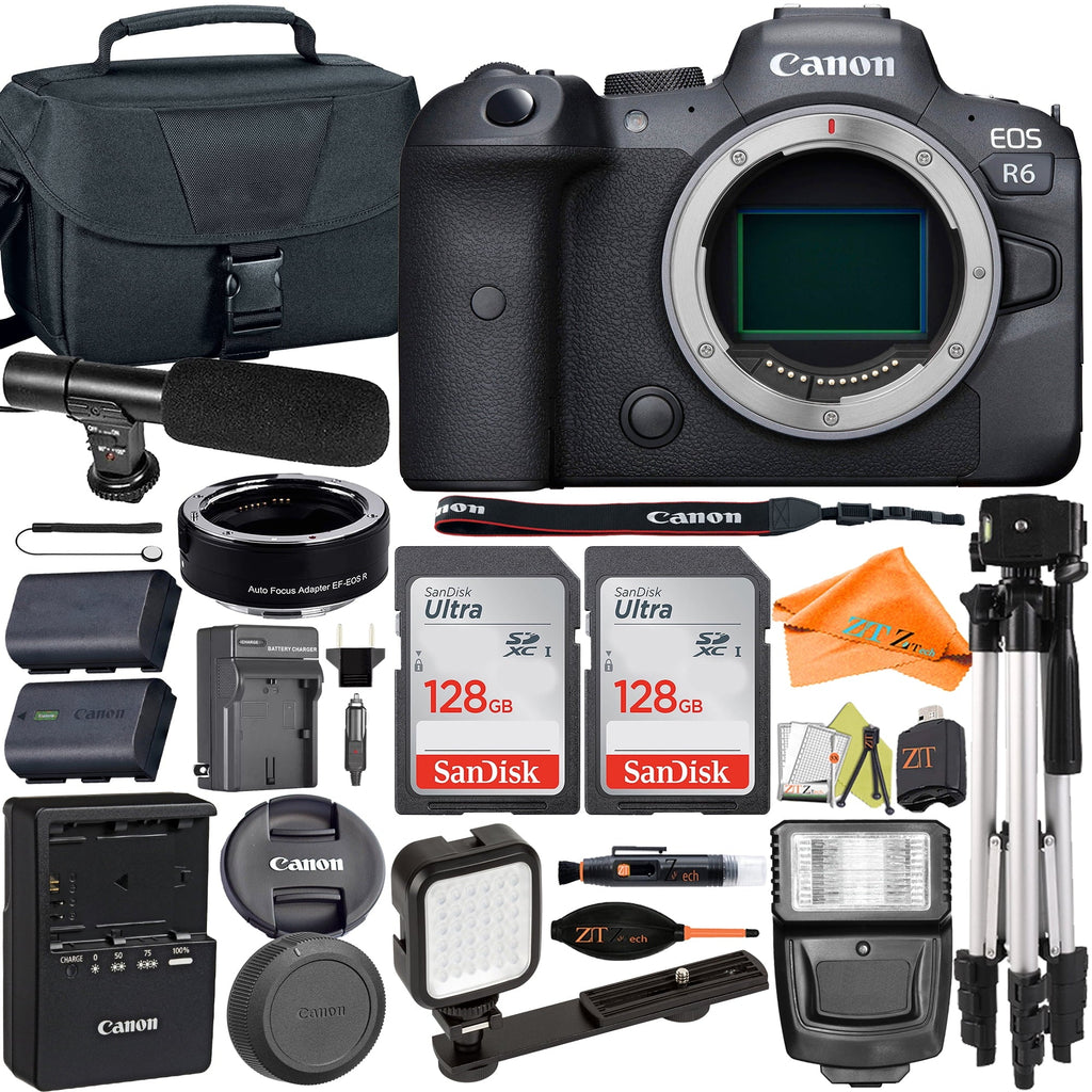EOS R6 Mirrorless Digital Camera (Body Only) with Mount Adapter + Microphone + 2 Pack SanDisk 128GB + Case + ZeeTech Accessory