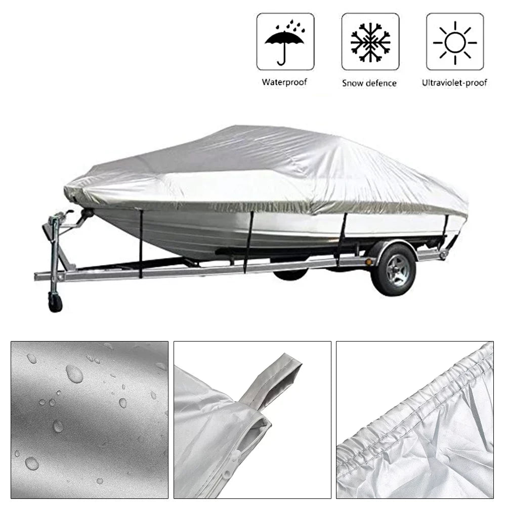 vessel wrap Yacht  Protection Waterproof Heavy Duty Silver Reflective 300D Oxford Fabric Anti-smashing Durable and Tear Proof Fits V-HULL TRI-HULL Runabouts and Bass Boats 11-13FT