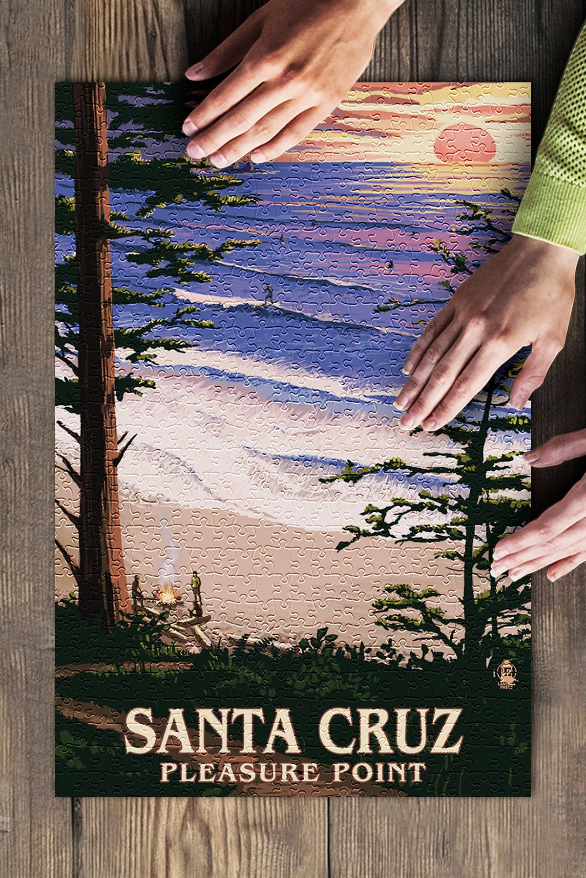 Santa Cruz, California, Pleasure Point Sunset and Surfers (19x27 inches, Premium 500 Piece Jigsaw Puzzle for Adults and Family, Made in USA)