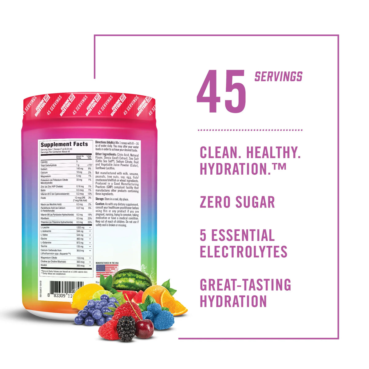 BioSteel Zero Sugar Hydration Mix, top-notch Tasting Hydration with 5 Essential Electrolytes, Rainbow Twist Flavor, 45 Servings per Tub