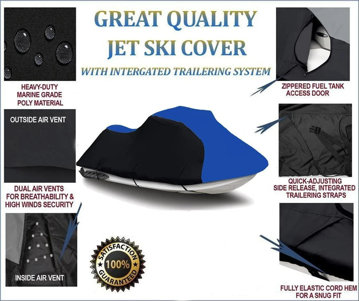 BLACK / BLUE HEAVY-DUTY, 600 DENIER PWC Jet Ski protector suitable for 1994 1995 1996 1997 1998 Kawasaki STX 750 Trailerable