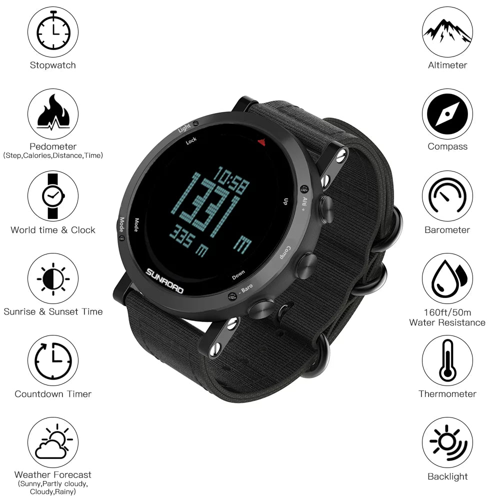 Barometer Altimeter Compass  climate Forecast Men Watch 50meters -immune Multifunctional Outdoor Sports Watch for Mountaineering Running Trekking Camping