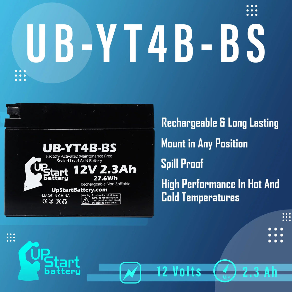 3-Pack UpStart Battery Replacement for 2009 Yamaha SR400 400CC Factory Activated, Maintenance Free, Motorcycle Battery - 12V, 2.3Ah, UB-YT4B-BS
