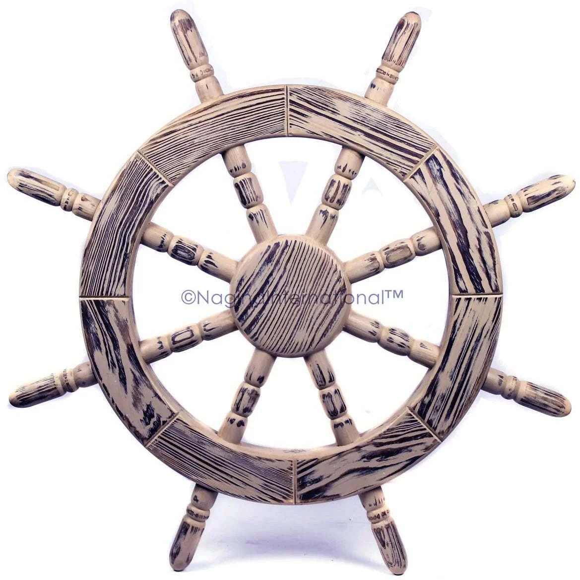 Nagina International Rustic Antique Beautiful Wall Decor Handcrafted Pine Nautical Ship Wheel | Maritime Exclusive Wall Decor (16 Inches, Junky White)